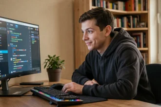 Jeune homme découvrant un serveur Discord de roleplay sur son ordinateur de bureau dans un bureau cosy