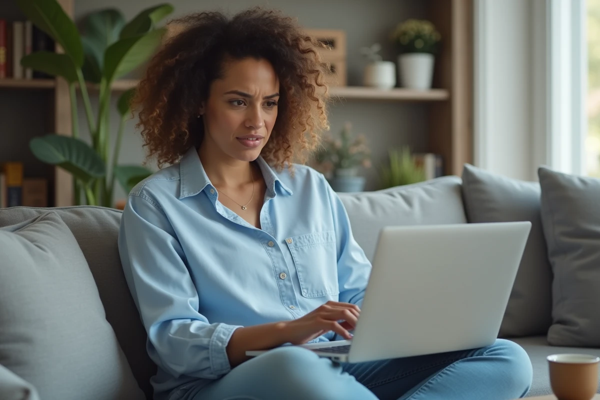 Femme dépannant la configuration de sa messagerie sur un ordinateur portable dans son salon