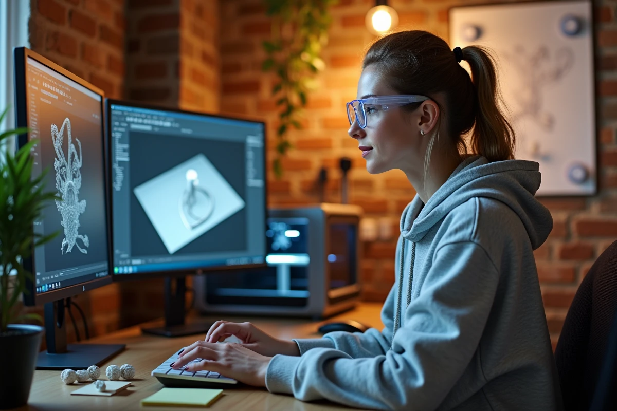 Designer produit travaillant sur logiciel de découpe 3D avec imprimante SLA en fonctionnement sur son bureau