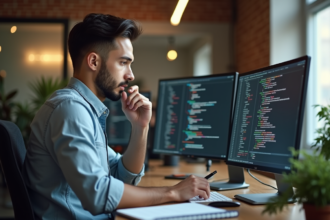 Jeune developpeur concentré devant ses écrans en coworking