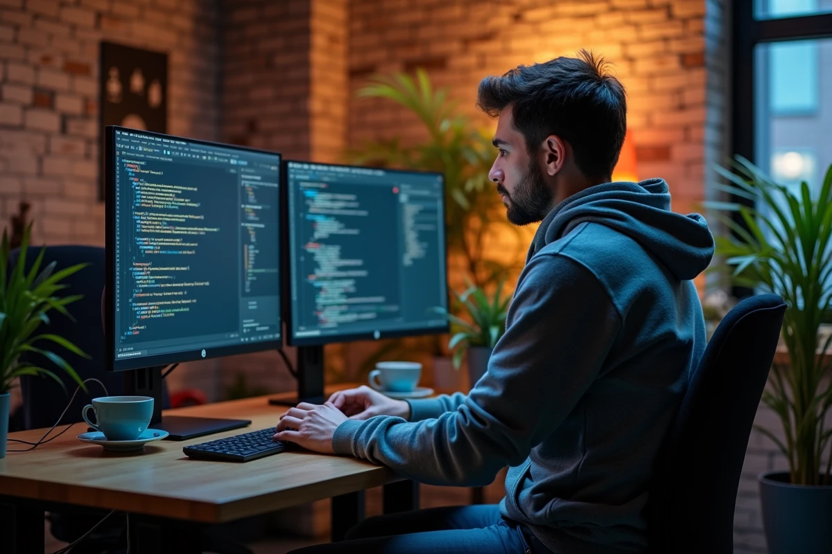 Développeur travaillant tard sur du code Silverlight et comparant des frameworks modernes pour une migration d'application métier