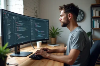 Développeur web générant des liens d'images stables depuis un tableau de bord d'hébergement en ligne sur écran ultrawide