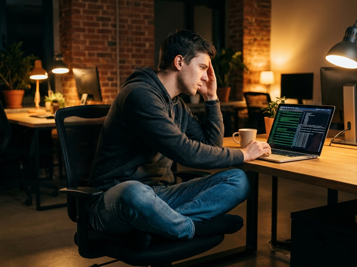 Développeur travaillant tard la nuit sur la récupération d'accès à un backoffice via des lignes de commande