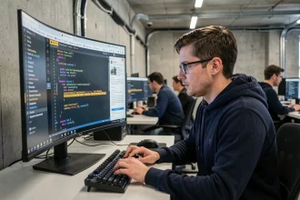 Développeur Python analysant du code XML avec des avertissements de sécurité sur un écran ultrawide dans un bureau moderne
