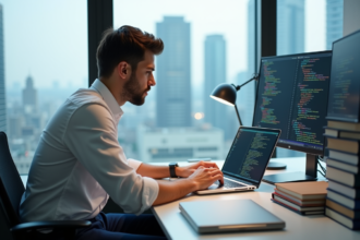 Jeune homme en bureau travaillant sur code SQL