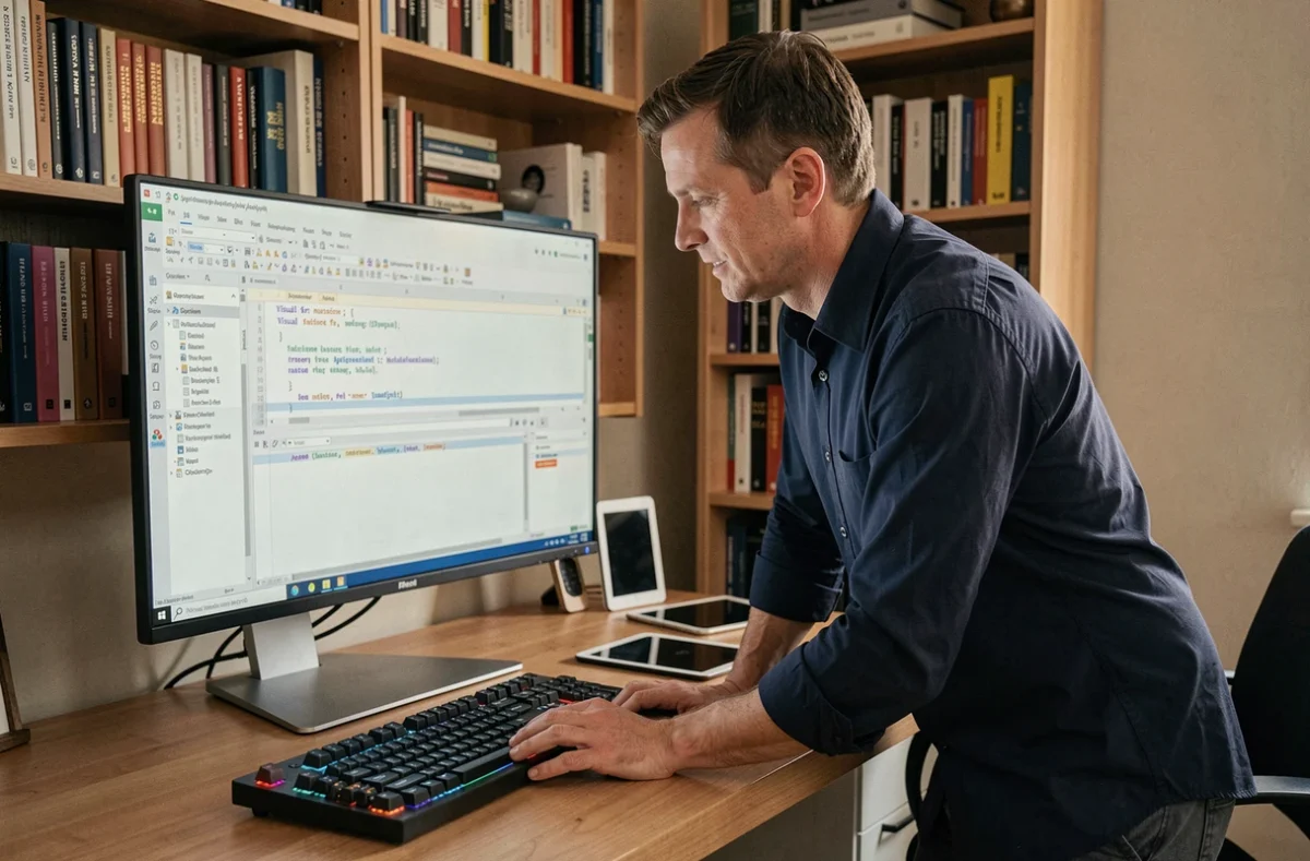 Développeur VBA écrivant du code pour ouvrir un fichier Excel en lecture seule dans son bureau à domicile
