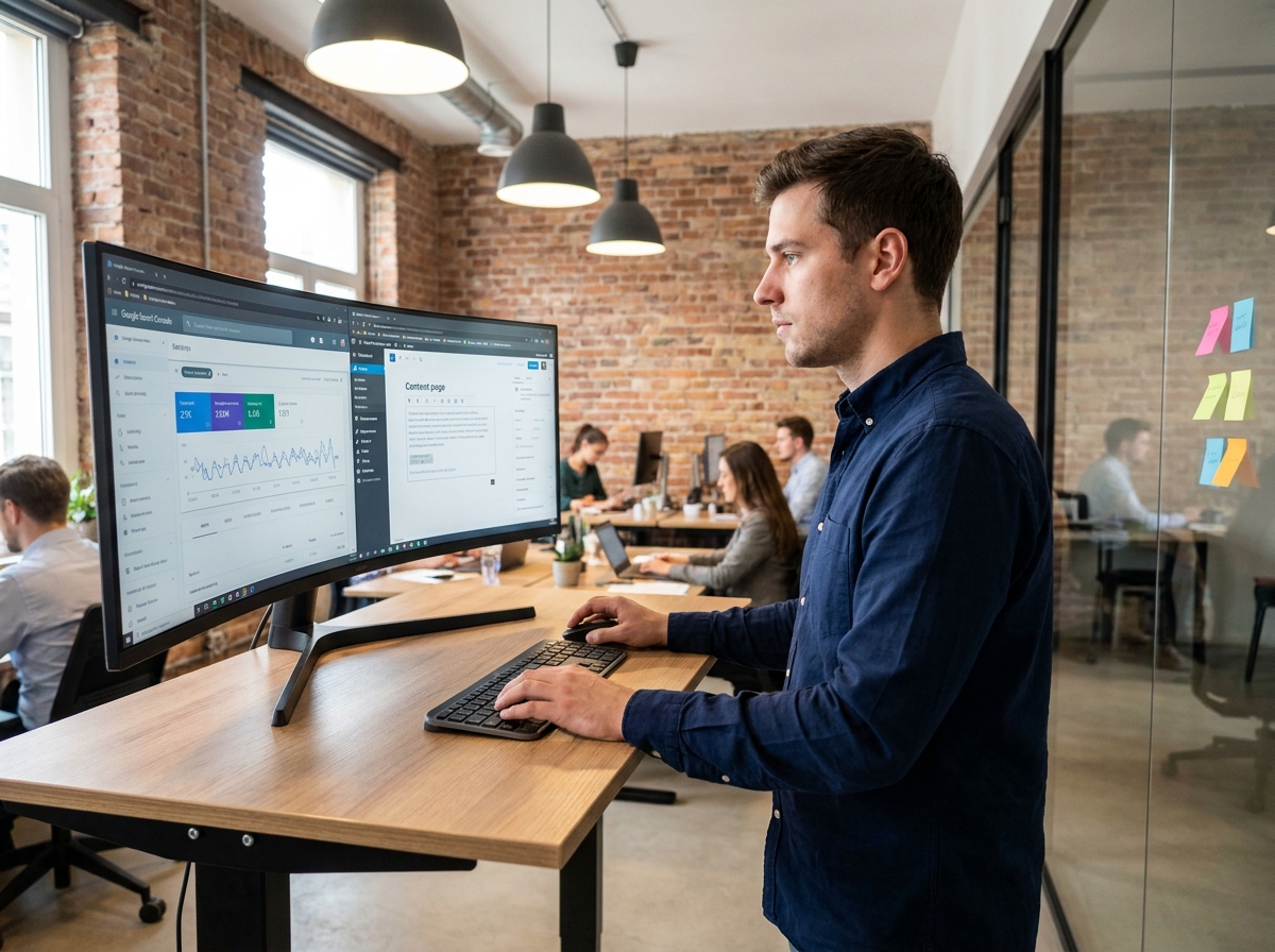 Développeur web masculin analysant les performances SEO d'un site WordPress sur Google Search Console dans un espace de coworking