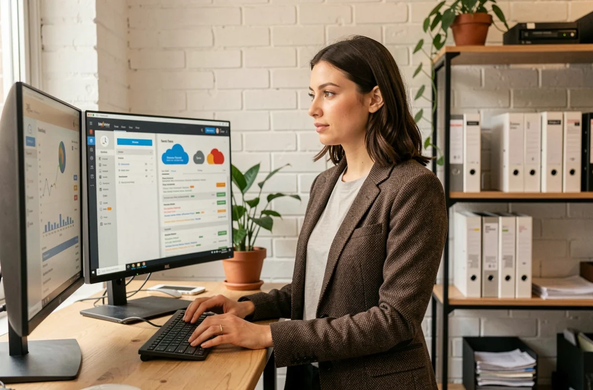 Cheffe de projet Dhala gérant des infrastructures cloud depuis son bureau parisien moderne