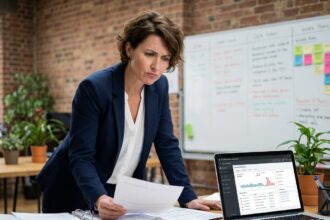 Dirigeante de PME hésitante face à un tableau de bord de cybersécurité sur son ordinateur portable dans un bureau moderne
