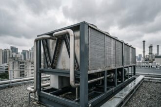 Unité dry cooler Hecomodo installée sur le toit d'un datacenter moderne avec tuyauterie en acier inoxydable