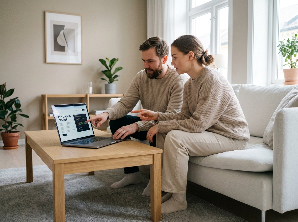 Deux personnes suivant ensemble une formation au vibe coding sur un ordinateur portable dans un salon minimaliste