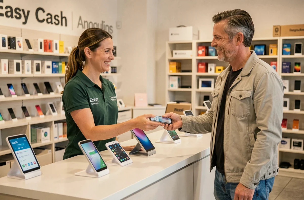 Employée d'Easy Cash Angoulins remettant un smartphone reconditionné à un client satisfait