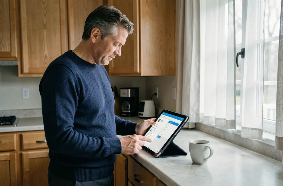 Employé consultant son compte de coffre-fort numérique MyArkevia depuis une tablette à domicile