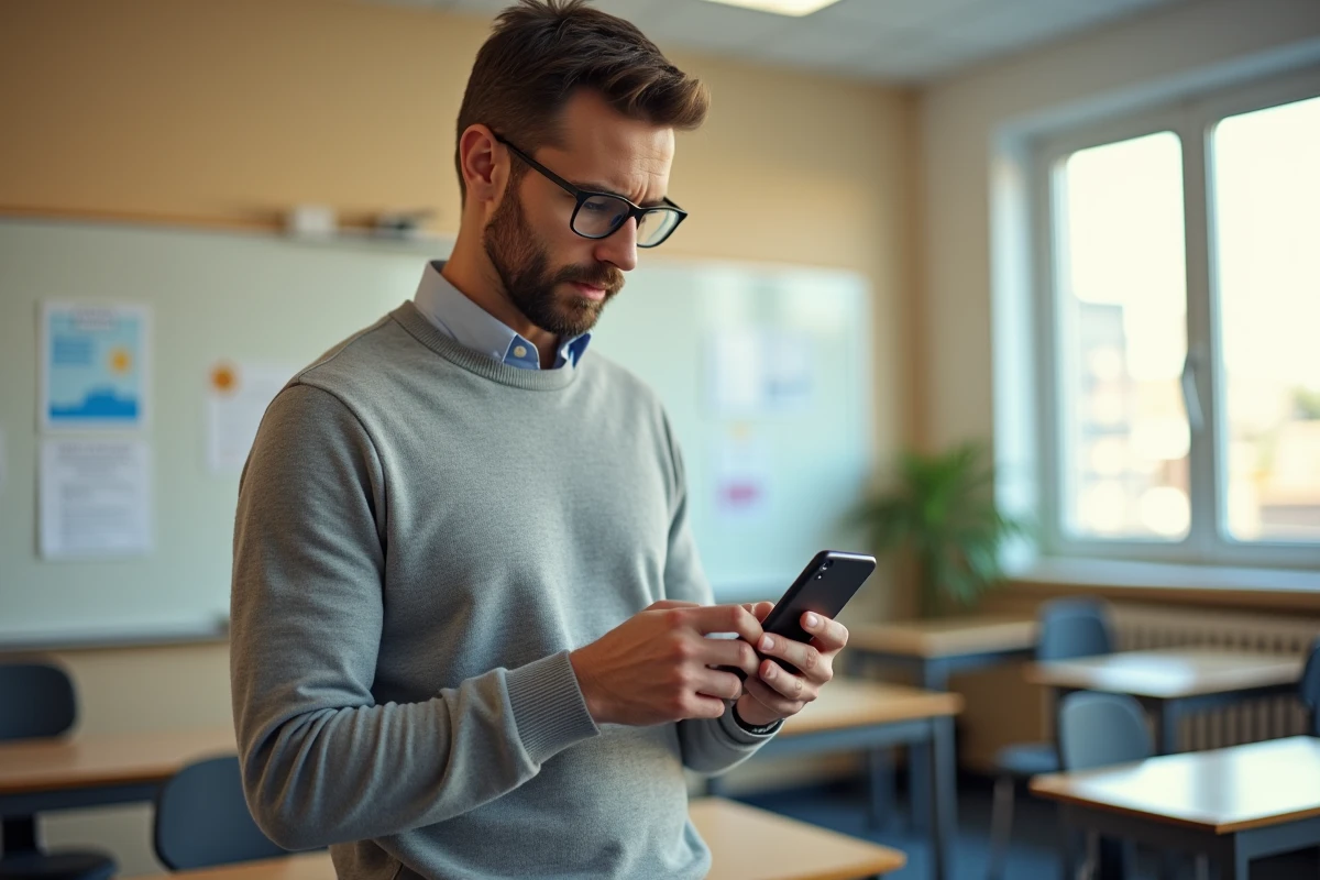 Enseignant configurant l'accès webmail ac-normandie sur un iPhone dans une salle de classe de Rouen