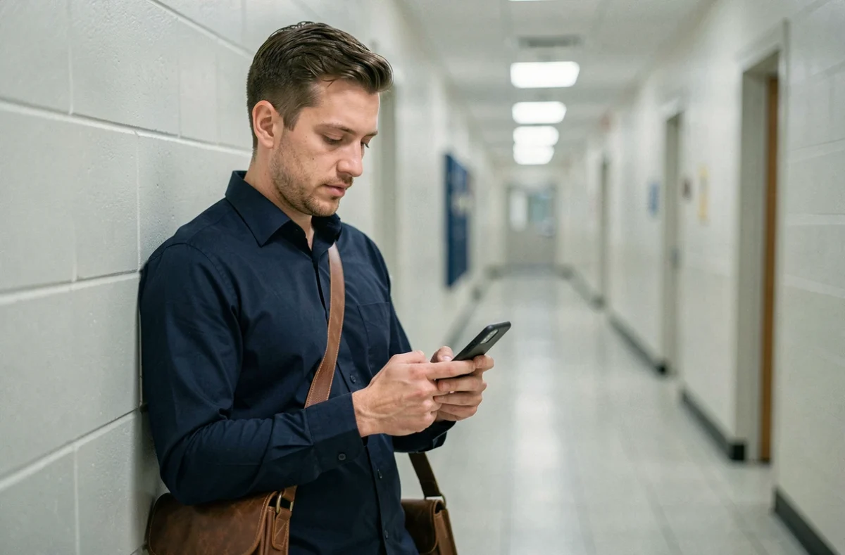 Enseignant consultant sa messagerie académique Webmail AC Rennes sur smartphone dans un couloir scolaire