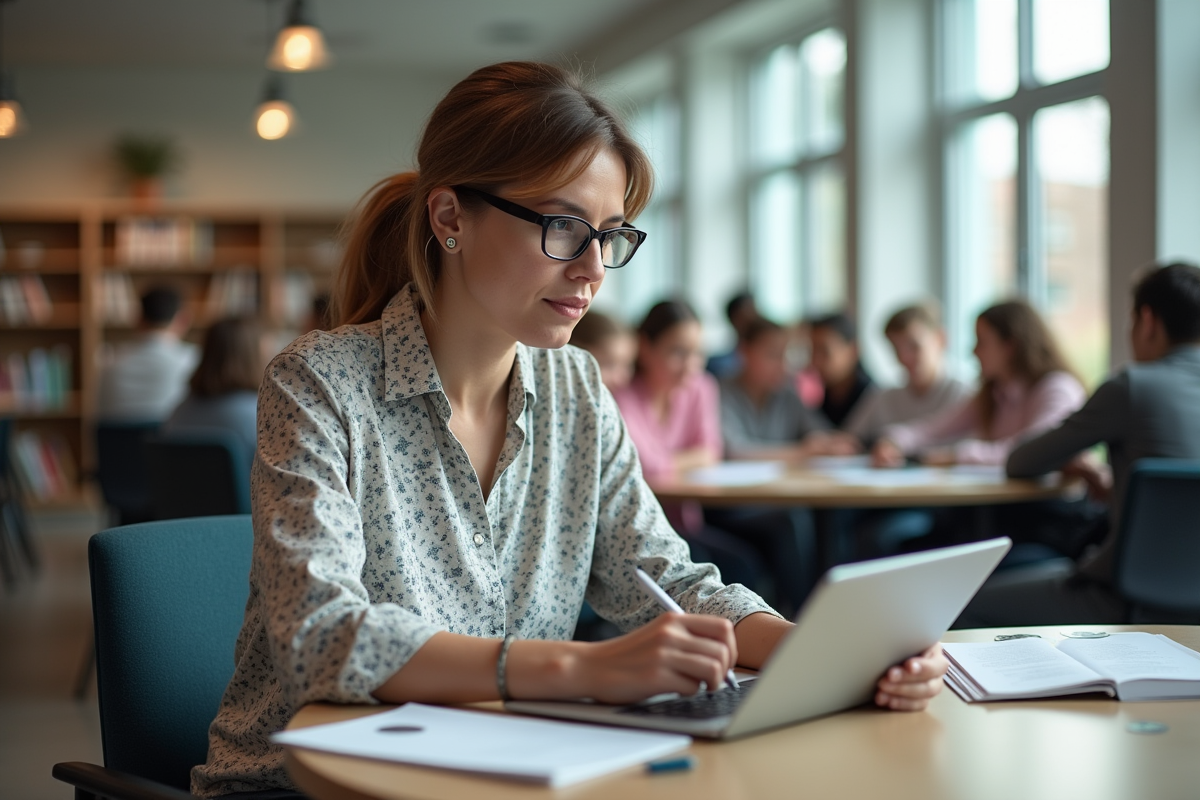 Professeure utilisant une tablette dans un centre media scolaire