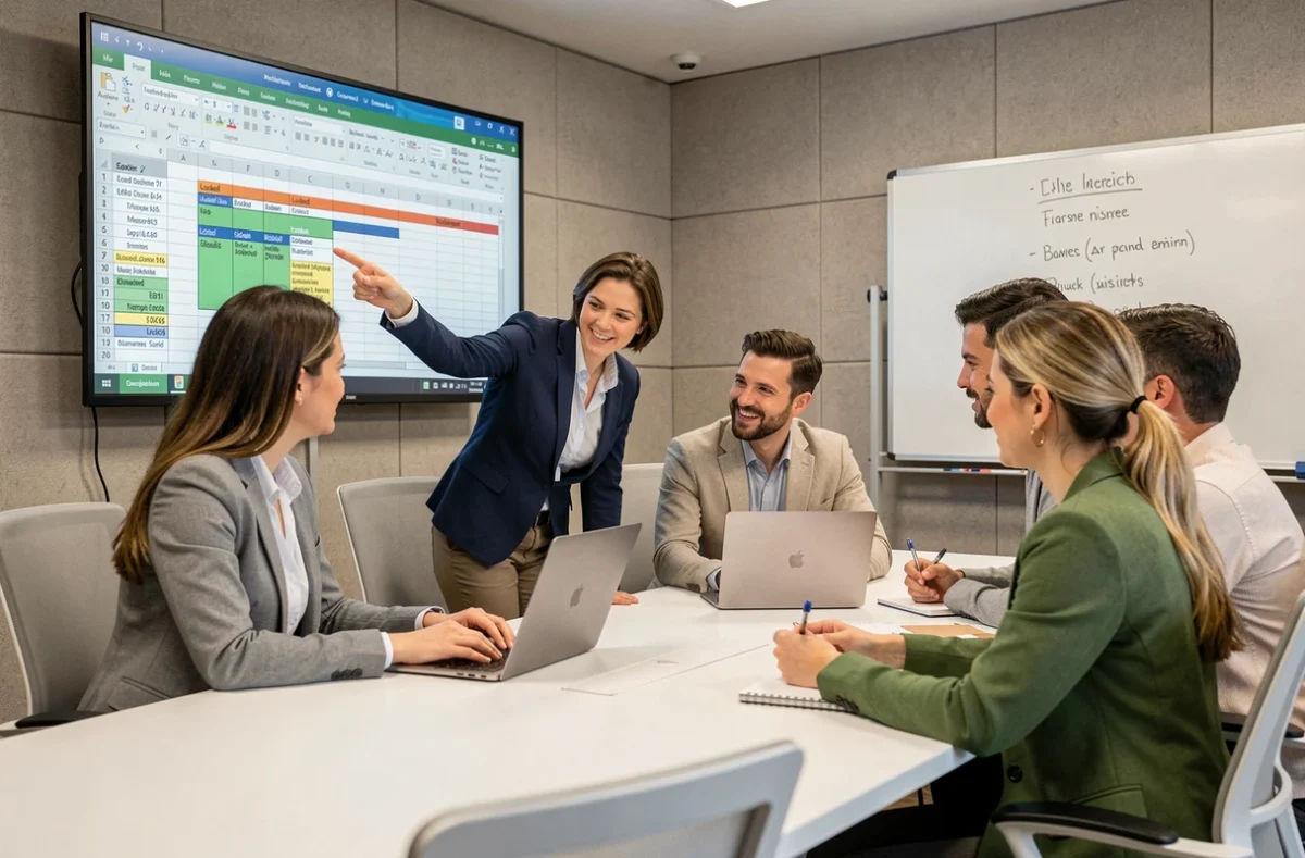 Équipe de professionnels collaborant sur un classeur Excel partagé avec zones verrouillées en salle de réunion