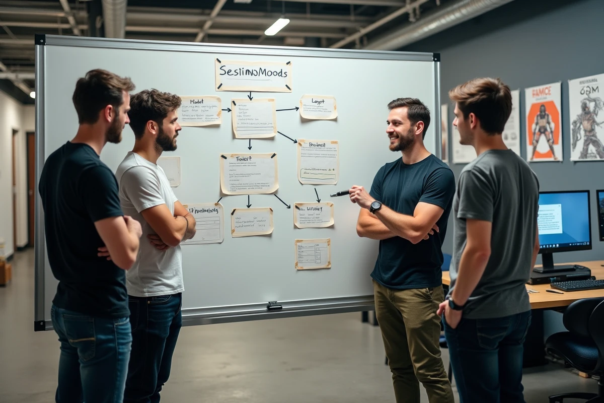 Équipe de développeurs de jeu vidéo discutant de la structure d'un GDD devant un tableau blanc couvert de notes et de schémas