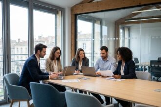 Groupe de professionnels en réunion dans un bureau moderne à Bordeaux