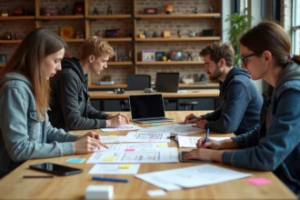 Équipe de game designers collaborant autour d'une table couverte de documents et de post-its pour rédiger un GDD en commun