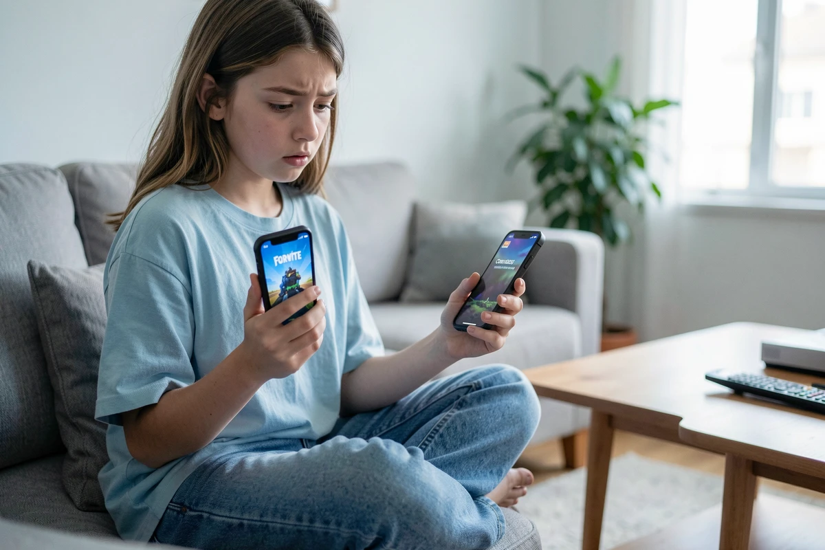 Adolescente tenant un iPhone avec un message d'erreur de connexion Fortnite, assise sur un canapé dans un salon, air perplexe
