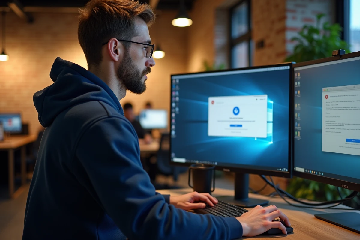Jeune homme tentant de résoudre un problème de connexion à son compte mail Free dans un espace de coworking