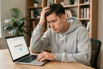 Homme frustré devant une erreur de navigateur Google sur son ordinateur portable à domicile