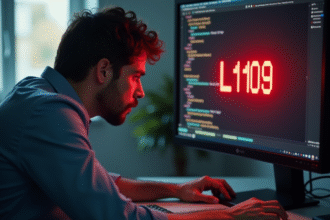 Employe stressé regardant un ecran avec erreur L1109