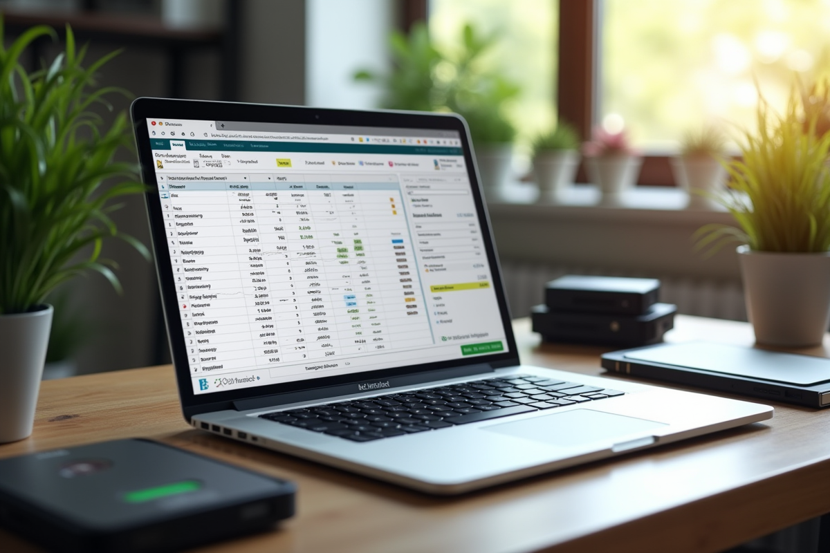 Bureau organisé avec ordinateur portable et disques externes