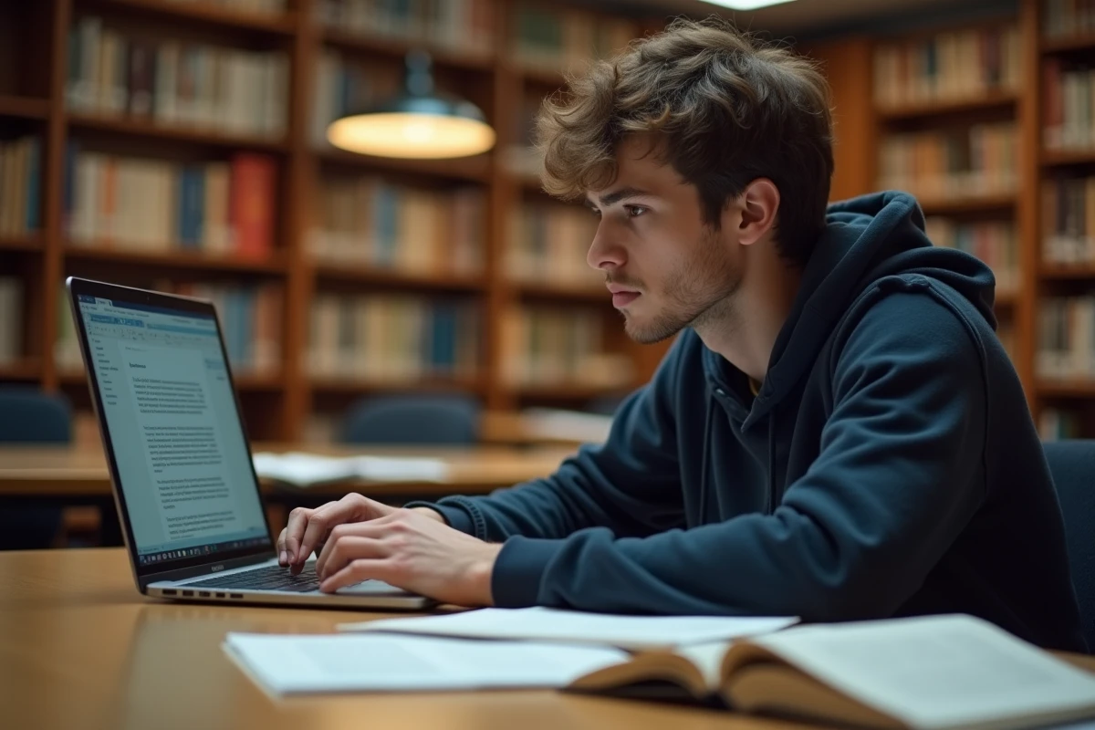 Étudiant corrigeant un texte avec un outil de correction grammaticale en ligne dans une bibliothèque universitaire
