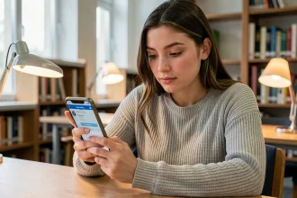Étudiante accédant à sa messagerie académique Webmail AC Rennes sur smartphone dans une bibliothèque universitaire