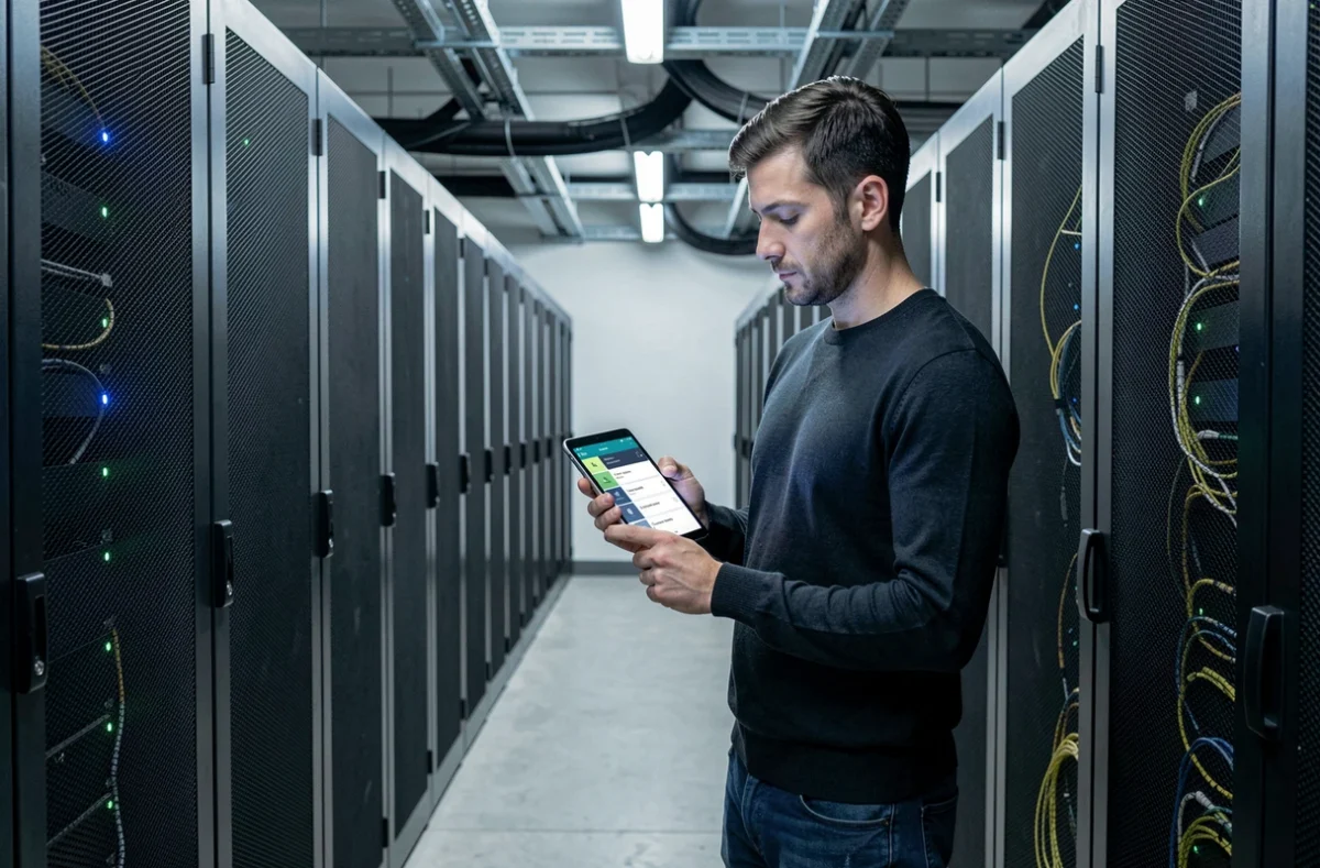 Ingénieur réseau d'Everping surveillant les serveurs depuis une salle informatique parisienne