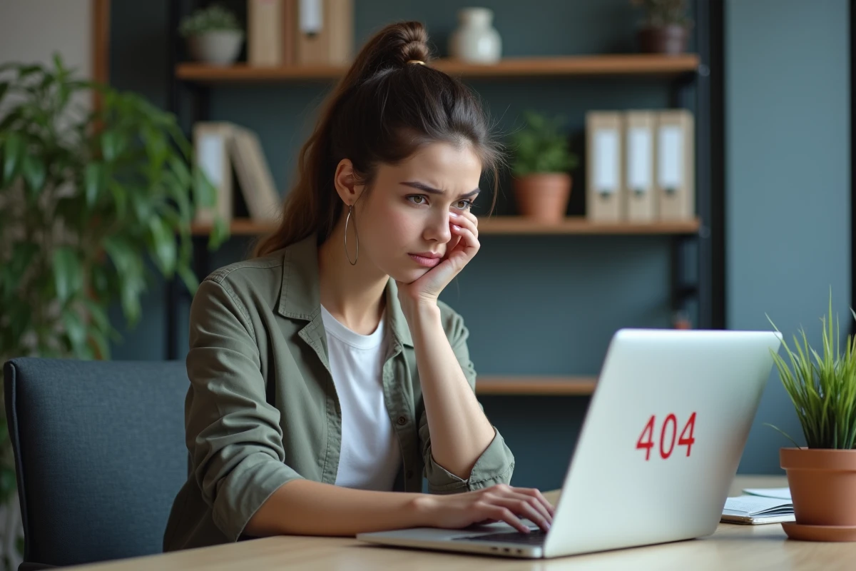 Jeune femme frustrée face à une erreur 404 sur son ordinateur