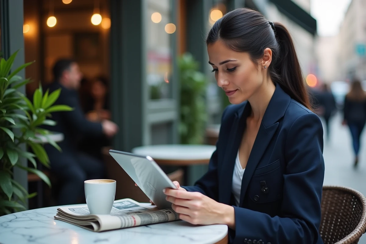 Femme lisant les actualités tech sur tablette numérique et journal papier dans un café urbain