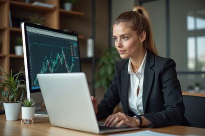 Femme professionnelle analysant un graphique complexe sur son ordinateur