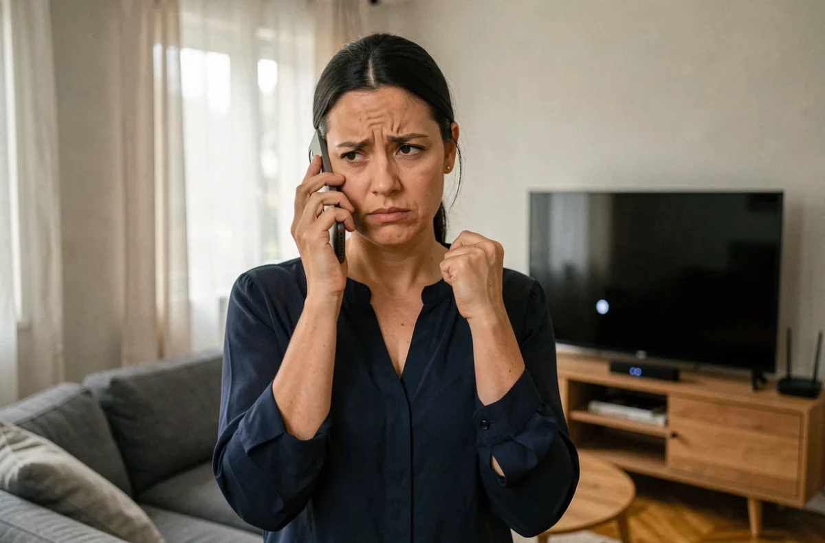 Femme au téléphone avec le service client Orange face à une Livebox avec voyant blanc clignotant dans un salon moderne