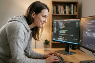 Jeune femme apprenant le vibe coding sur un double écran dans un bureau home office moderne et chaleureux