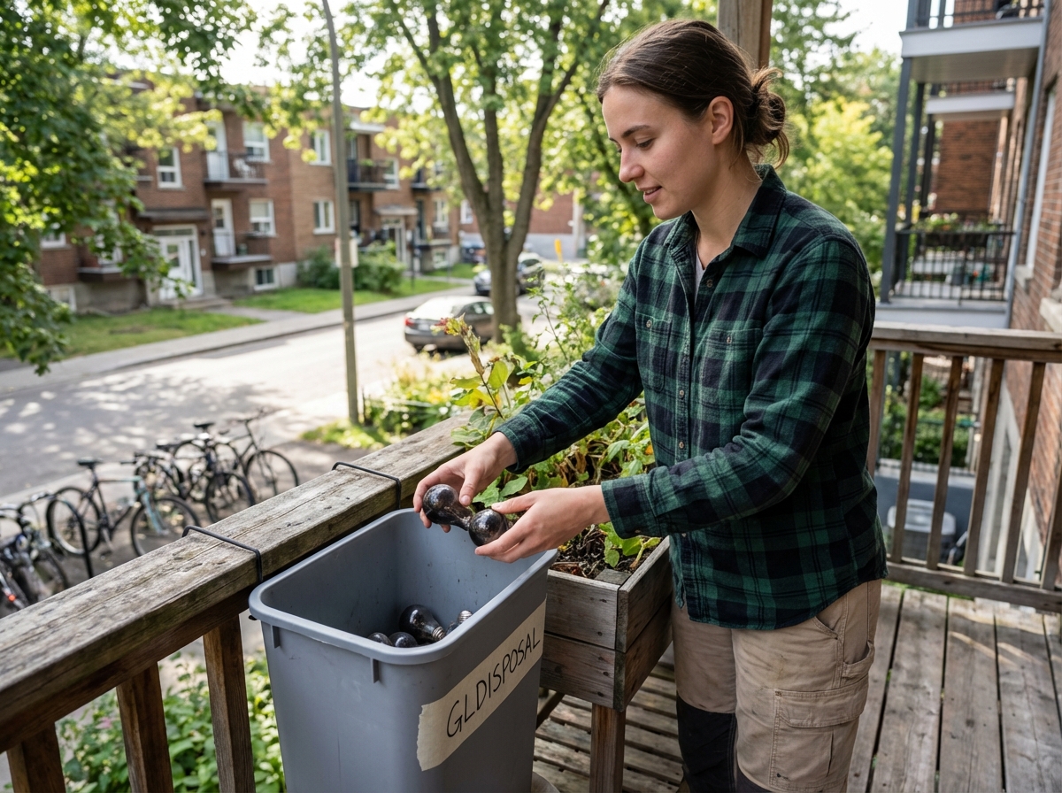 Jeune femme plaçant des ampoules usagées dans une poubelle sur balcon