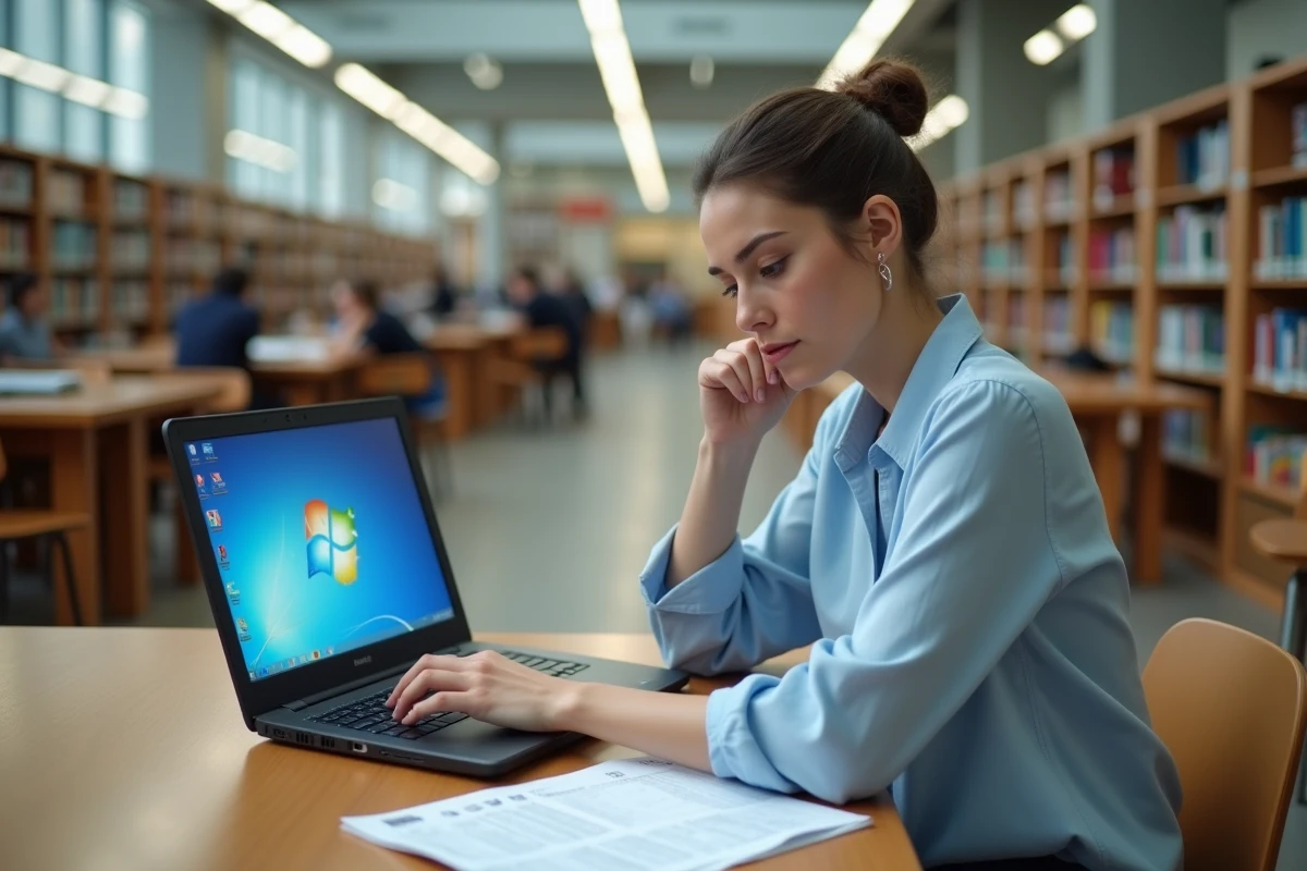 Femme studieuse utilisant un laptop dans une bibliothèque lumineuse