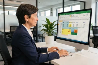 Femme professionnelle corrigeant des formules de calcul d'âge dans Excel sur un grand écran de bureau
