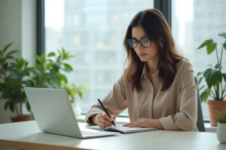 Femme concentrée au bureau avec ordinateur et notes