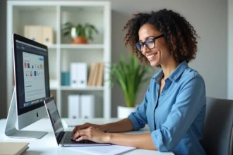 Femme au bureau gérant des documents et ordinateur