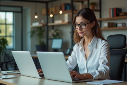 Jeune femme au bureau compare deux applications email