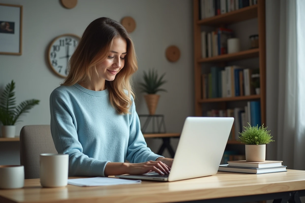 Femme travaillant sur un ordinateur dans un bureau à domicile