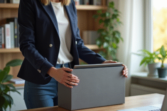 Jeune femme professionnelle plaçant son ordinateur portable dans une boîte moderne