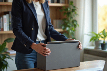 Jeune femme professionnelle plaçant son ordinateur portable dans une boîte moderne