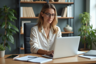Femme au bureau travaillant sur un ordinateur portable dans un espace moderne