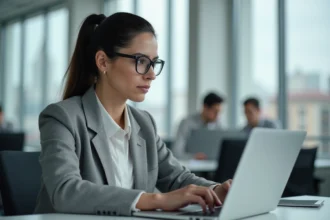 Femme en bureau consultant une messagerie Mel ouverte sur un ordinateur portable avec un message d'erreur de connexion