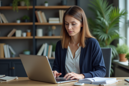 Femme professionnelle en bureau moderne avec ordinateur