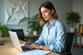 Jeune femme au bureau avec ordinateur portable et calculs